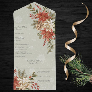 Rode en ivoor kerststerren op besneeuwde salie all in one uitnodiging