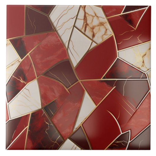 Rode en ivoorkleurig marmer effect patchwork tegeltje (Voorkant)