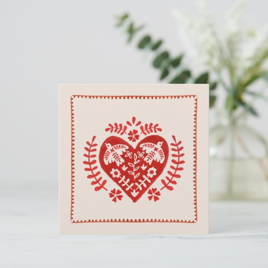 Rode en ivoren folk art hart Valentijnsdag Kaart (Staand voorkant)