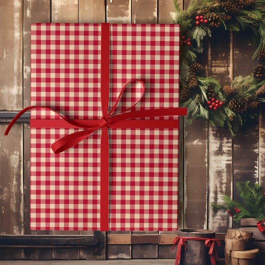 Rode en Kraft Country Gingham Kerstmis Cadeaupapier