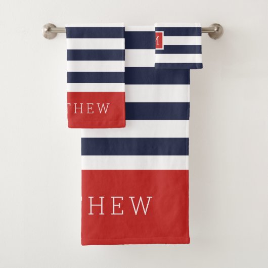 Rode en marine gestreepte monogram bad handdoek (Insitu)