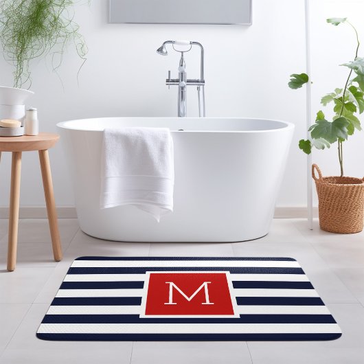 Rode en marine strepen monogram badmat