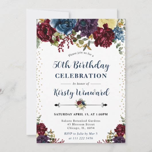 Rode en marine winterbloemen 50e verjaardag kaart (Voorkant)