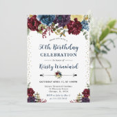 Rode en marine winterbloemen 50e verjaardag kaart (Staand voorkant)