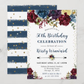 Rode en marine winterbloemen 50e verjaardag kaart (Voorkant / Achterkant)