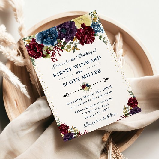 Rode en marine winterbloemen bruiloft kaart