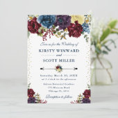 Rode en marine winterbloemen bruiloft kaart (Staand voorkant)