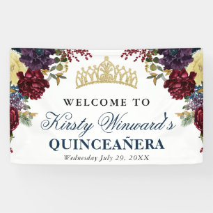 Rode en marine winterbloemen Quinceanera Spandoek