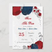 rode en marinesblauwe bloemen zilver botanisch save the date (Voorkant)