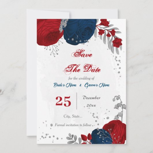 rode en marinesblauwe bloemen zilver botanisch save the date (Voorkant)