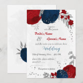 rode en marinesblauwe bloemen zilverbladeren bruil kaart (Voorkant / Achterkant)