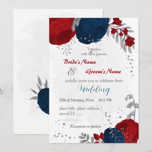 rode en marinesblauwe bloemen zilverbladeren bruil kaart (Voorkant / Achterkant)