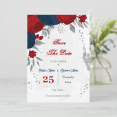 rode en marinesblauwe zilver save the date (Staand voorkant)