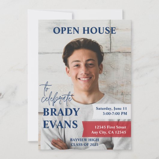 Rode en Navy foto afstuderen partij uitnodiging (Voorkant)