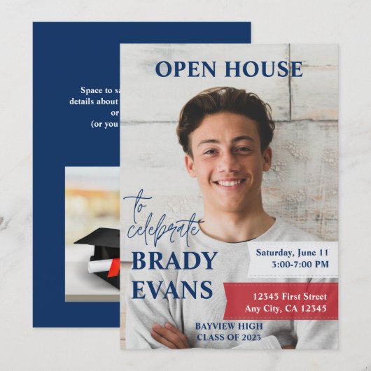 Rode en Navy foto afstuderen partij uitnodiging (Voorkant / Achterkant)