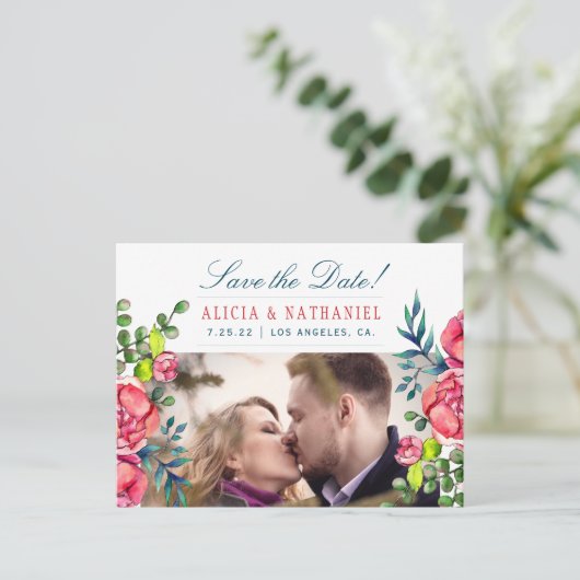 Rode en Navy pioen Rozen Save Date bruiloft FOTO Aankondigingskaart (Staand voorkant)