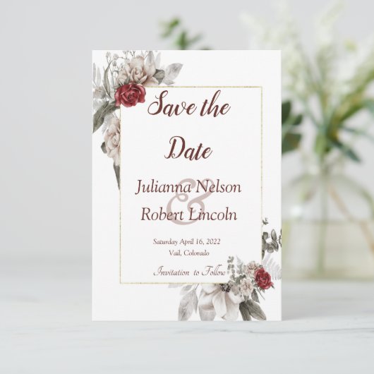 Rode en nevel waterverf floral save the date invi kaart (Staand voorkant)