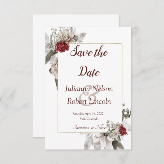 Rode en nevel waterverf floral save the date invi kaart (Voorkant / Achterkant)