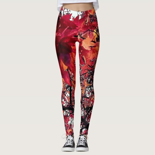 Rode en oranje bladeren leggings (Voorkant)