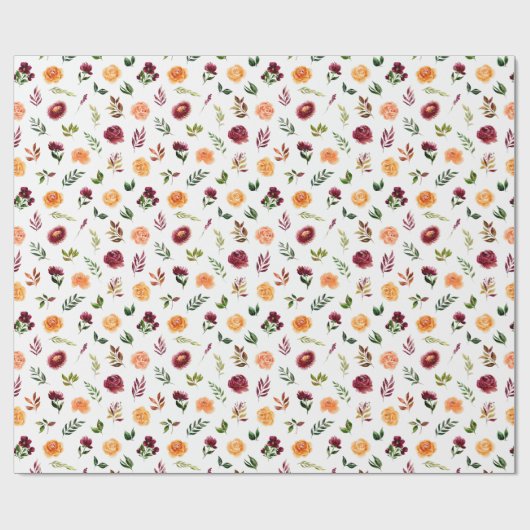 Rode en Oranje bloemen met bladpatroon Cadeaupapier (Vlak)