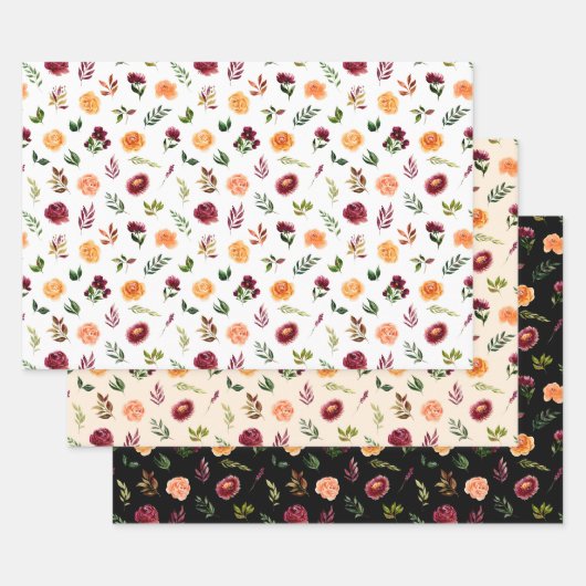 Rode en Oranje bloemen met bladpatroon Inpakpapier Vel (Set)