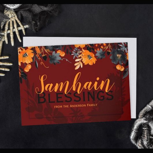 Rode en Oranje Floral Samhain Blessings Witchy Feestdagen Kaart