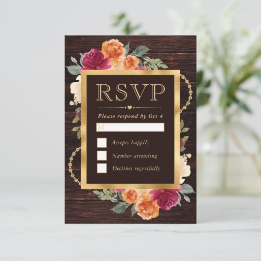 Rode en Oranje gouden Lijsten bloemen bruiloft RSVP Kaartje (Staand voorkant)