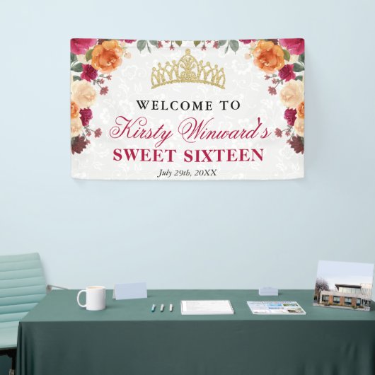 Rode en Oranje Herfst Autumnal Flowers Sweet 16 Spandoek (Beurs)