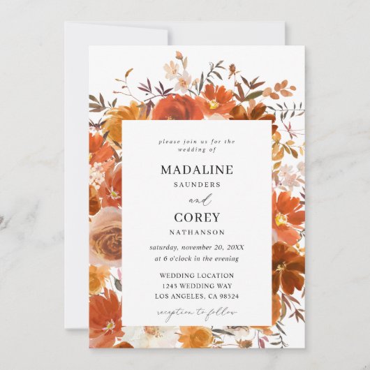 Rode en Oranje Herfst Floral Wedding B Kaart (Voorkant)