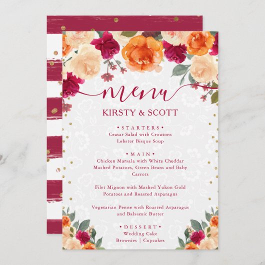 Rode en oranje herfstbloemen bruiloft menu (Voorkant / Achterkant)