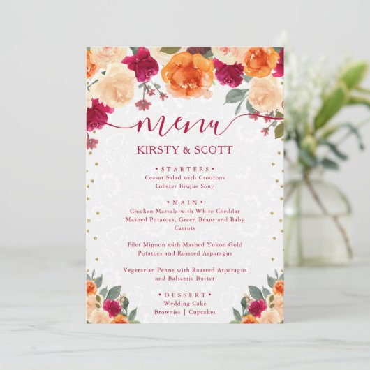 Rode en oranje herfstbloemen bruiloft menu (Staand voorkant)