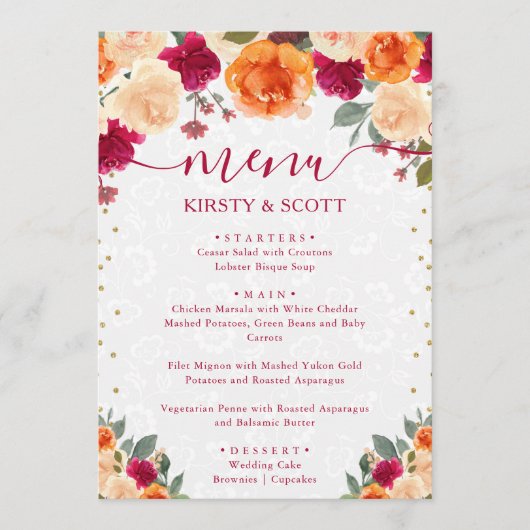 Rode en oranje herfstbloemen bruiloft menu (Voorkant)