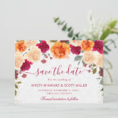 Rode en oranje herfstbloemen bruiloft save the date (Staand voorkant)