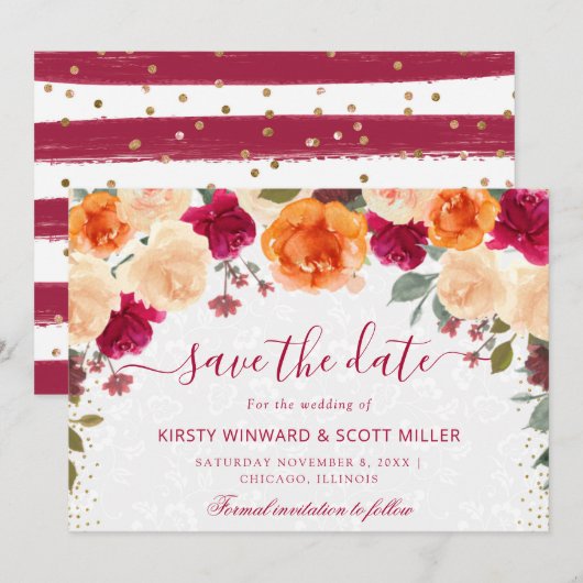 Rode en oranje herfstbloemen bruiloft save the date (Voorkant / Achterkant)
