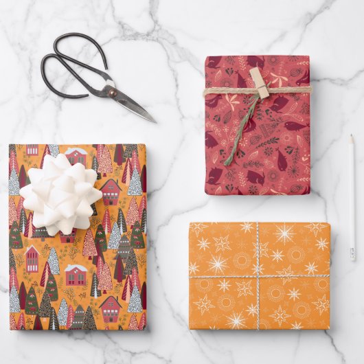 Rode en oranje kerstbosdorp inpakpapier vel (Voorkant)