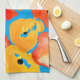 Rode en oranje klaprozen bloemenkunst theedoek