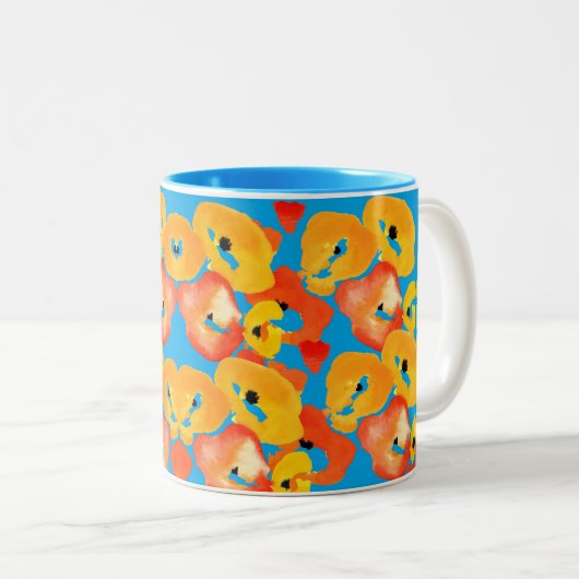 Rode en oranje klaprozen bloemenkunst tweekleurige koffiemok (Voorkant rechts)