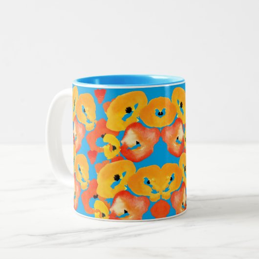 Rode en oranje klaprozen bloemenkunst tweekleurige koffiemok (Voorkant links)