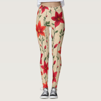 Rode en Oranje lelie bloemenpatroon Leggings