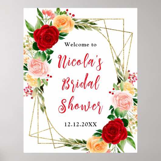 Rode en oranje rozen Bruidsbruiloft Welkom Poster (Voorkant)