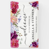 Rode en paarse bloemen bruiloft welkom spandoek (Verticaal)