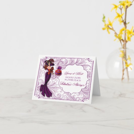 Rode en Paarse Dame in Pet Verjaardag Kaart (Gele Bloem)