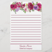 Rode en paarse waterverf bloemen gepersonaliseerd briefpapier (Voorkant)