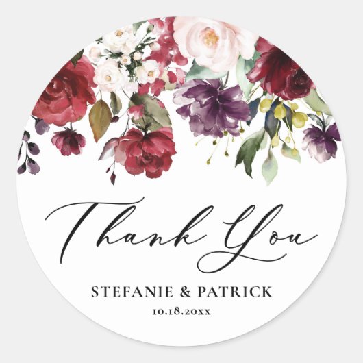 Rode en Paarse Waterverf Bloemenguirlande Bedankt Ronde Sticker (Voorkant)