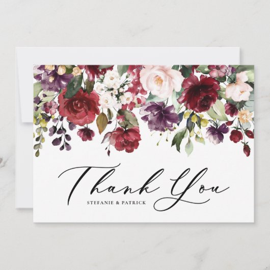 Rode en Paarse Waterverf Floral Garland Wedding Bedankkaart (Voorkant)