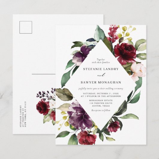 Rode en Paarse Waterverf Floral Lijst Wedding Uitnodiging Briefkaart (Voorkant / Achterkant)