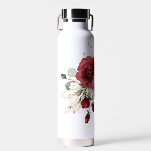 Rode en Pruim Rozen Waterverf Bloemen met Monogram Waterfles (Voorkant)