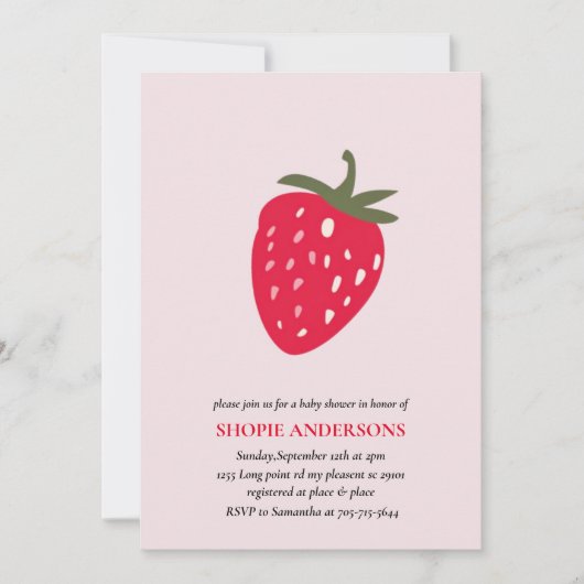 Rode en roze aardbeien Baby shower uitnodiging (Voorkant)