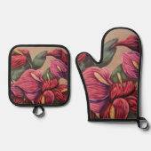 Rode en roze anthurium ovenhandset ovenwant & pannenlap set (Voorkant)