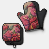 Rode en roze anthurium ovenhandset ovenwant & pannenlap set (Voorkant / Achterkant)